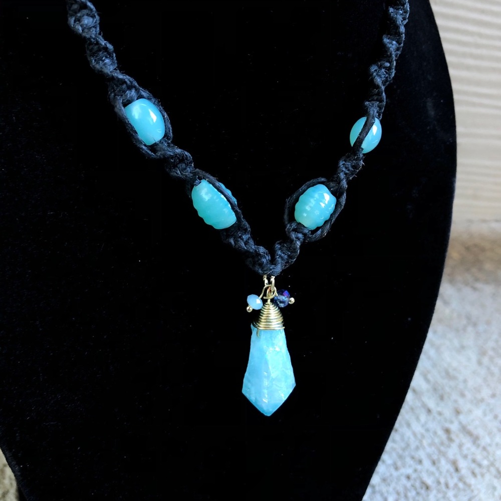 Black Hemp Necklace with Blue Wire Wrapped Crystal